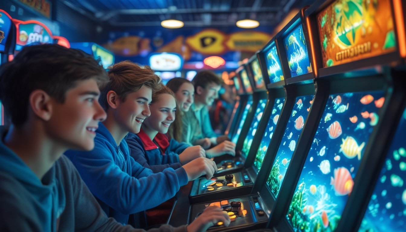 Beberapa orang sedang bermain mesin arcade bertema ikan dengan latar belakang suasana arcade yang ramai dan penuh warna.