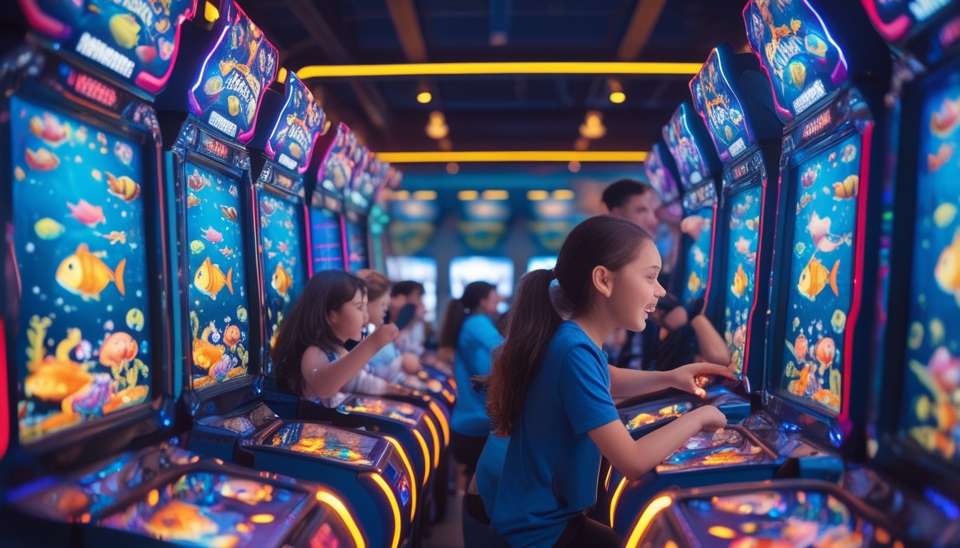Suasana arcade dengan beberapa orang sedang bermain game tembak ikan yang penuh warna dan menarik.