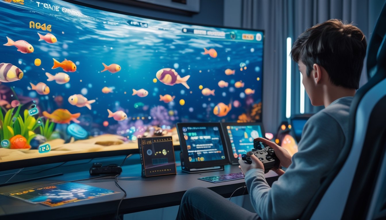 Seorang pemuda sedang bermain game tembak ikan dengan layar besar menampilkan ikan berwarna-warni di bawah laut.
