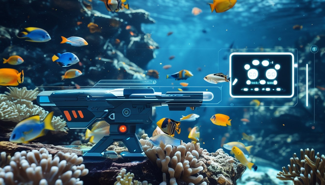 Pemandangan bawah laut yang penuh warna dengan ikan tropis berenang dan elemen permainan tembak ikan digital di latar depan.