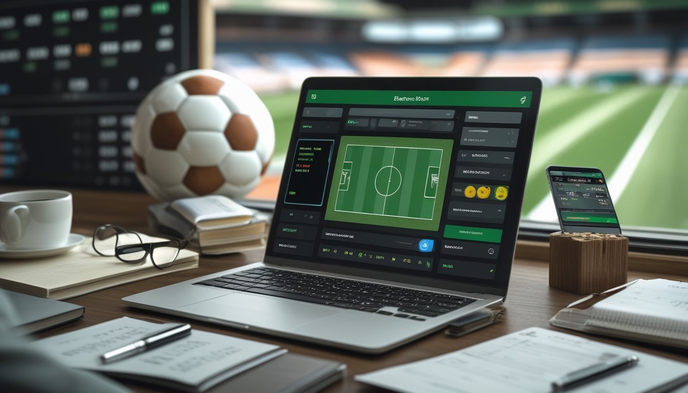 Meja kerja dengan laptop yang menampilkan antarmuka taruhan sepak bola, catatan, pena, ponsel dengan skor pertandingan, dan cangkir kopi.