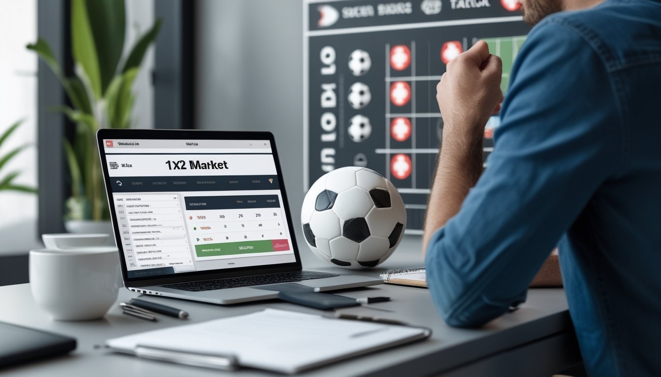 Seorang pria duduk di depan laptop yang menampilkan pasar taruhan sepak bola 1X2 dengan bola sepak dan papan strategi di latar belakang.