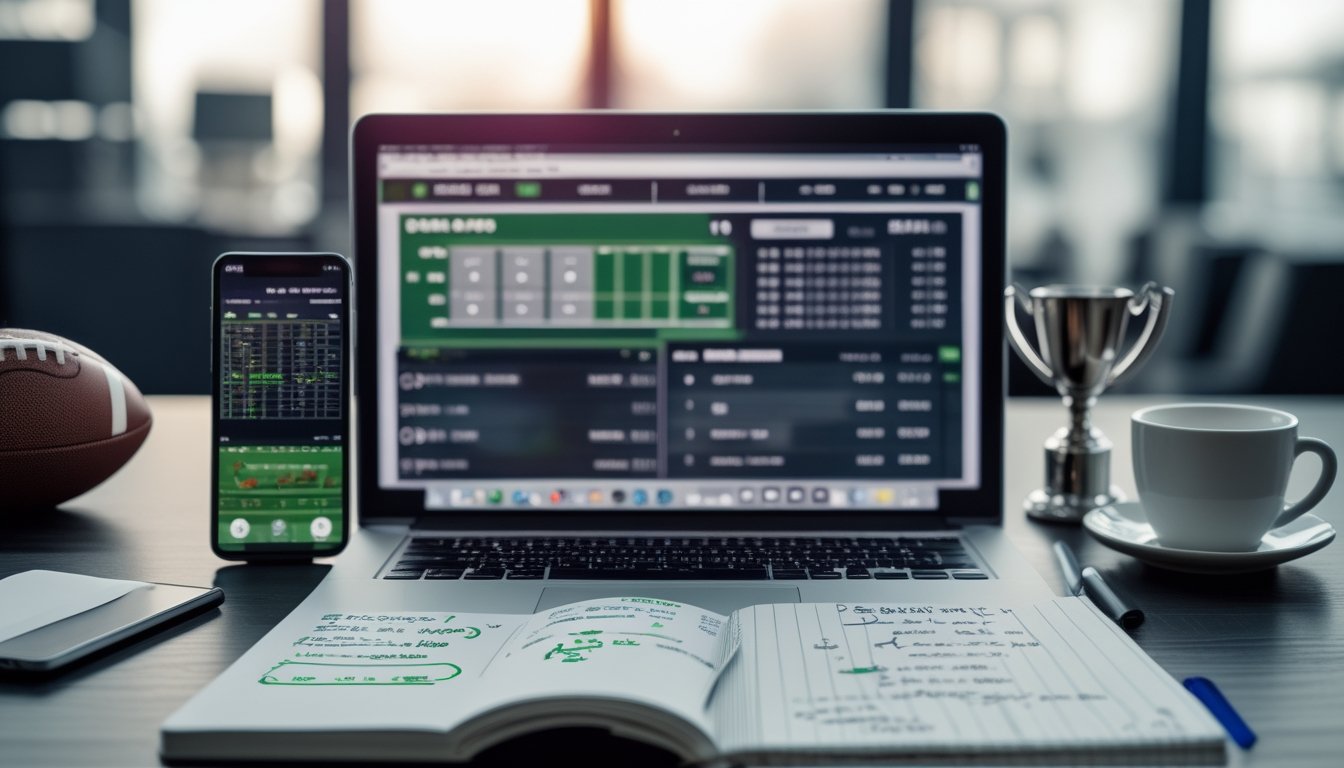 Meja kerja dengan laptop, ponsel, bola sepak bola, dan catatan yang menunjukkan aktivitas analisis taruhan sepak bola.
