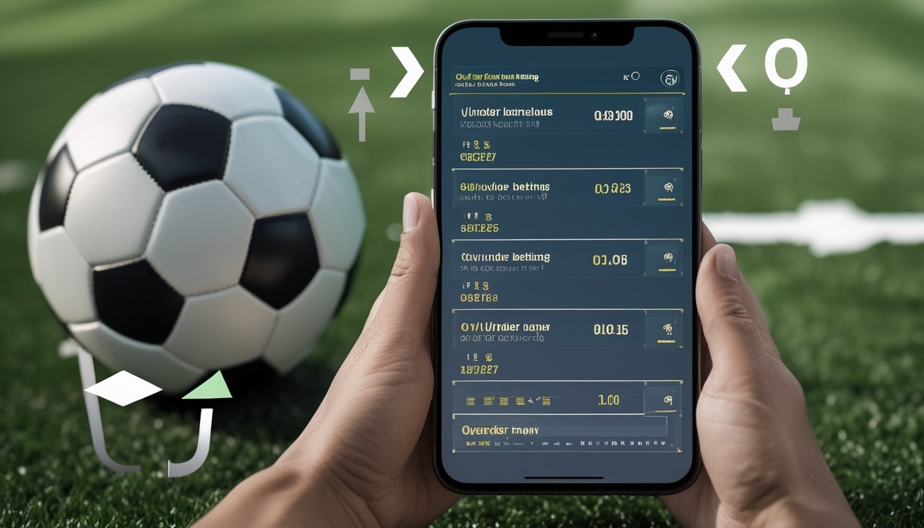 Layar perangkat digital menampilkan opsi taruhan Over/Under sepak bola dengan bola sepak di latar belakang rumput hijau.