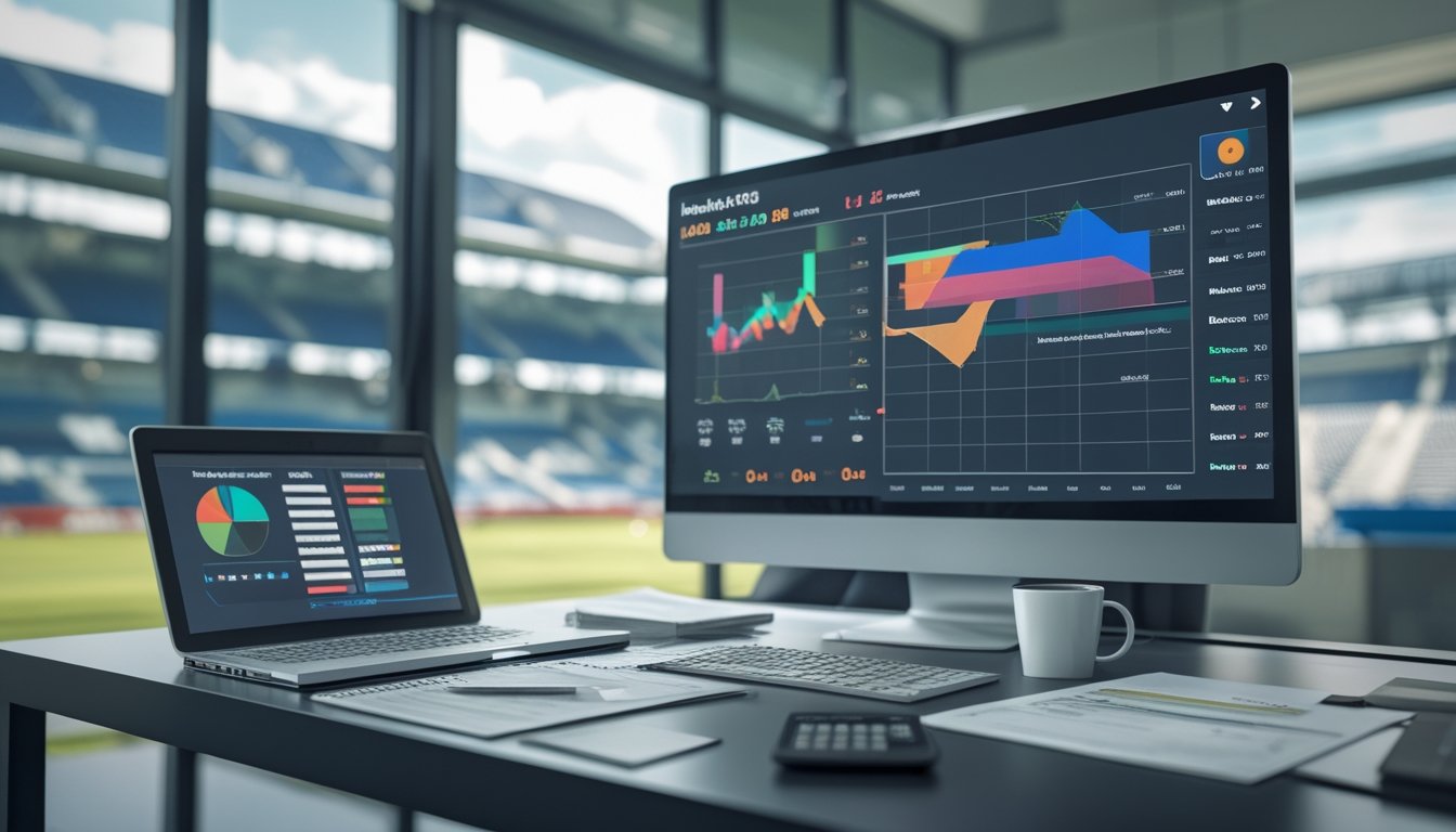 Meja kerja analis olahraga dengan komputer yang menampilkan grafik perbandingan dua pasar taruhan sepak bola, dengan stadion sepak bola terlihat di latar belakang.