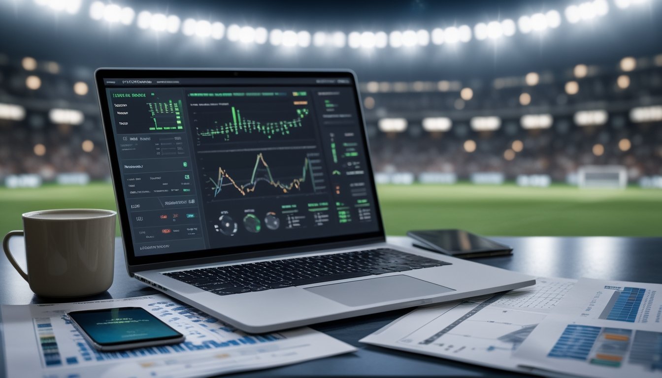 Meja kerja dengan laptop yang menampilkan grafik dan data analisis taruhan sepak bola, dilengkapi dengan kertas data, kopi, dan ponsel dengan skor pertandingan langsung, dengan latar belakang stadion sepak bola yang samar.