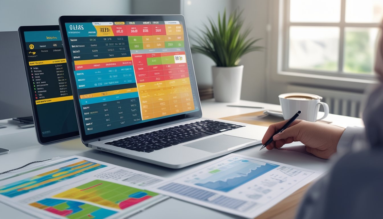 Seorang profesional sedang menganalisis data taruhan olahraga di meja kerja dengan laptop dan dokumen statistik.
