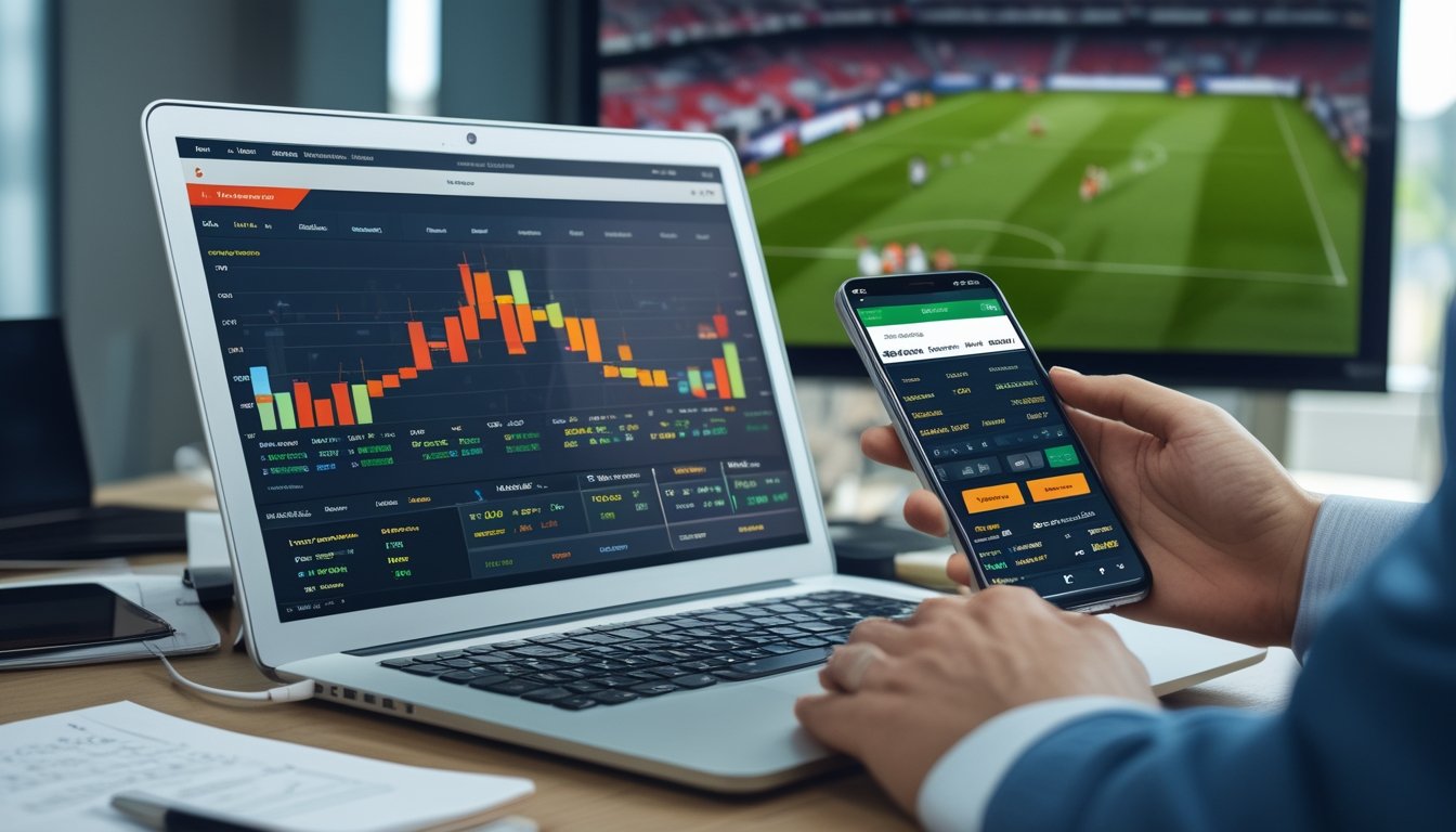 Seorang individu menggunakan laptop dan ponsel di meja kerja dengan layar menampilkan grafik dan angka taruhan sepak bola, di latar belakang pertandingan sepak bola sedang berlangsung.