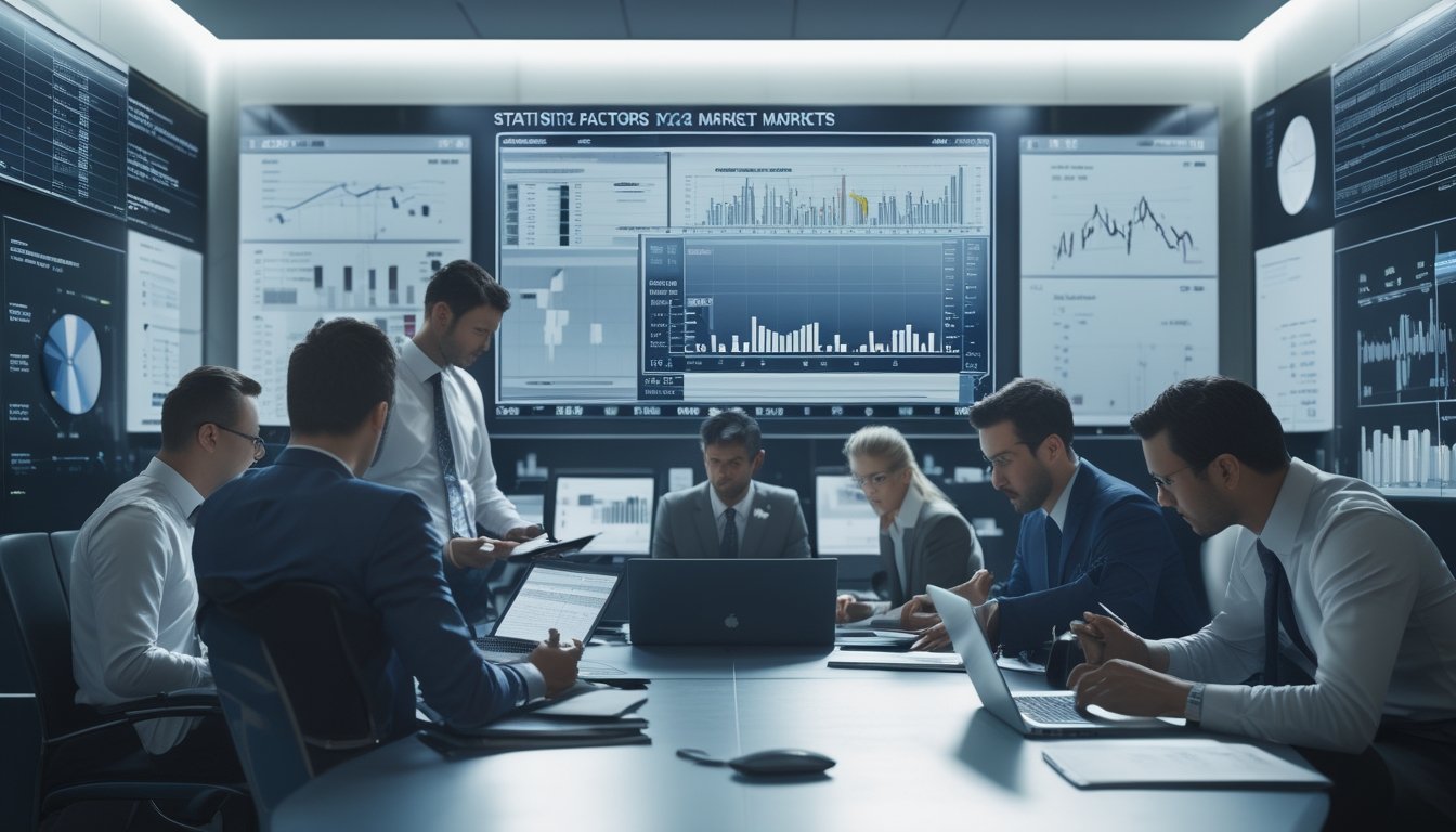 Sekelompok profesional sedang menganalisis data statistik pasar 1X2 di ruangan kantor dengan layar digital dan perangkat teknologi.