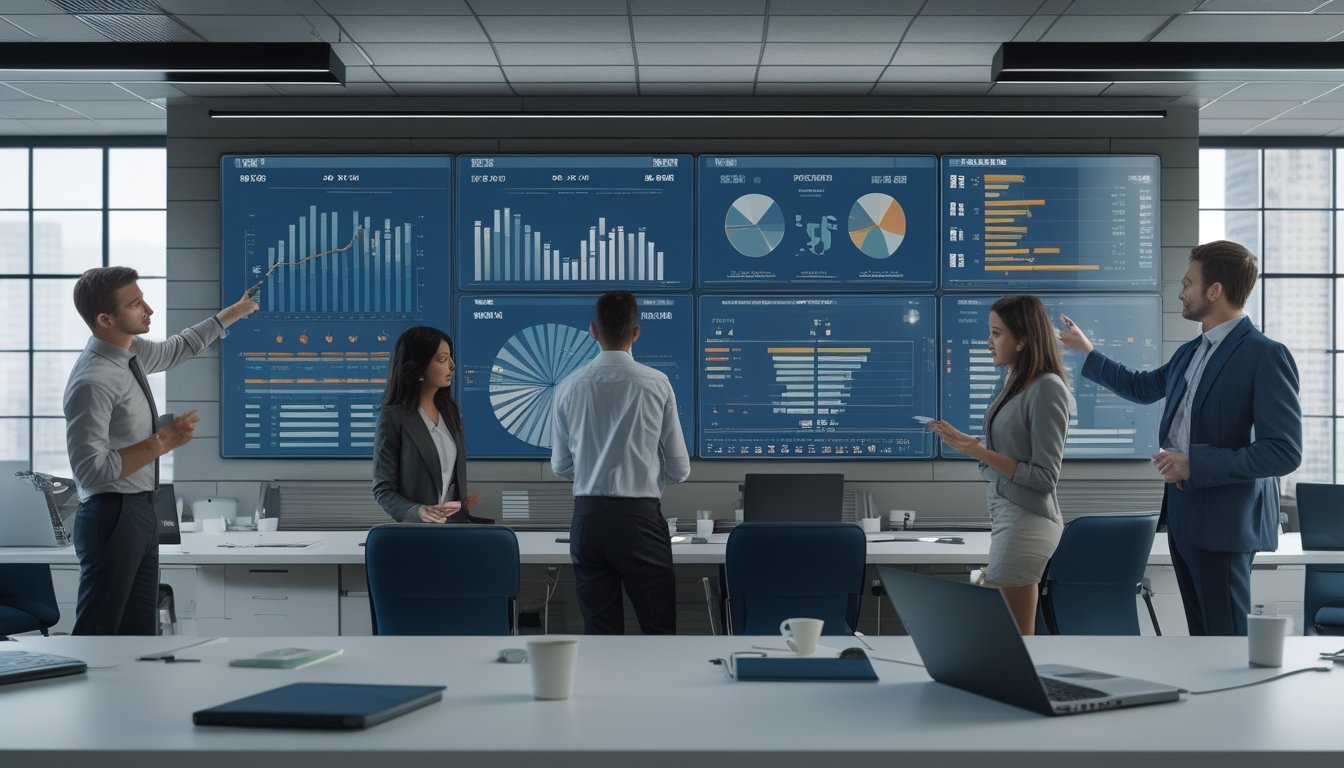 Sekelompok profesional sedang menganalisis data statistik tentang pasar 1X2 di ruang kantor modern dengan layar digital dan grafik.