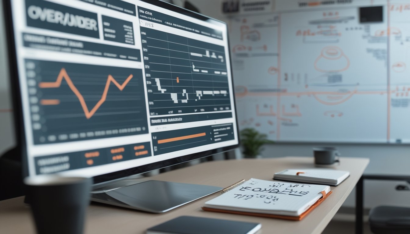 Ruang kerja modern dengan komputer yang menampilkan grafik statistik sepak bola dan papan tulis berisi diagram taktik sepak bola.