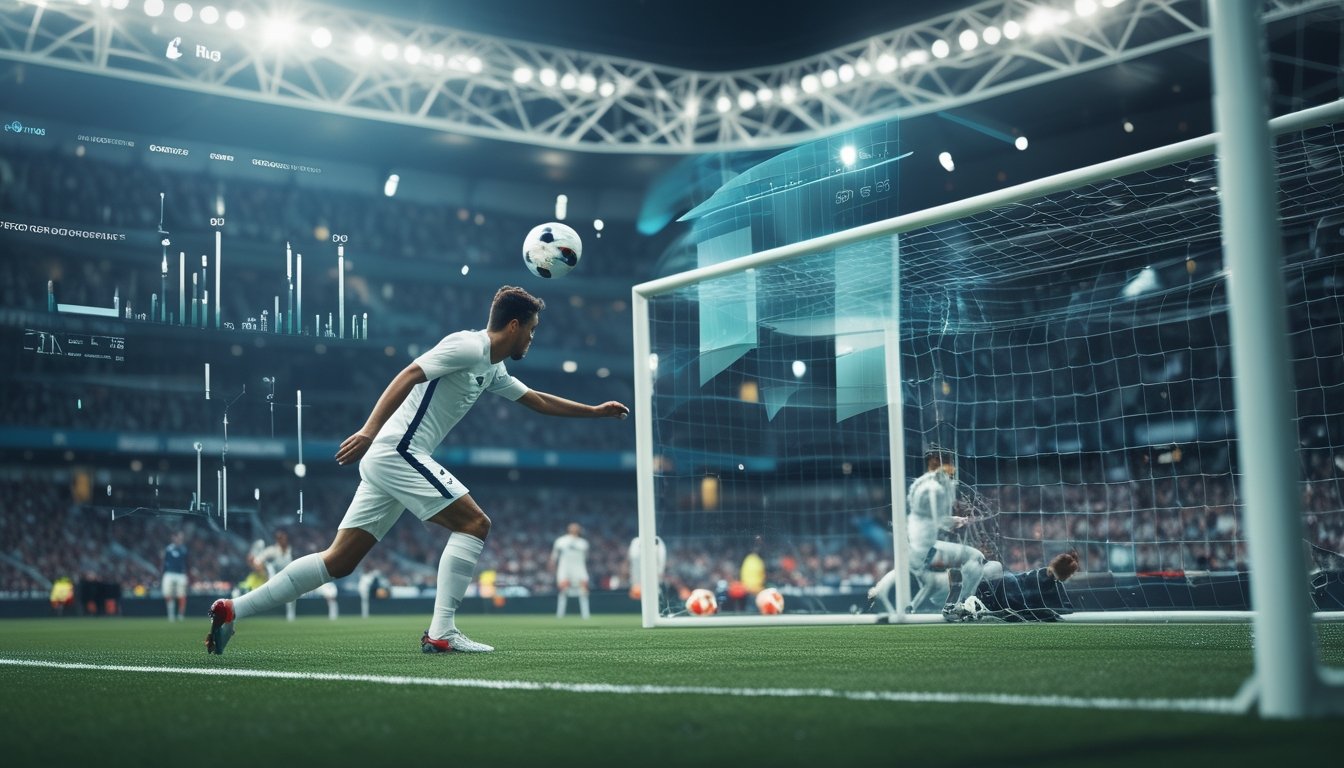 Seorang pemain sepak bola sedang menendang bola menuju gawang dengan penjaga gawang yang melompat mencoba menahan bola di stadion yang penuh penonton.