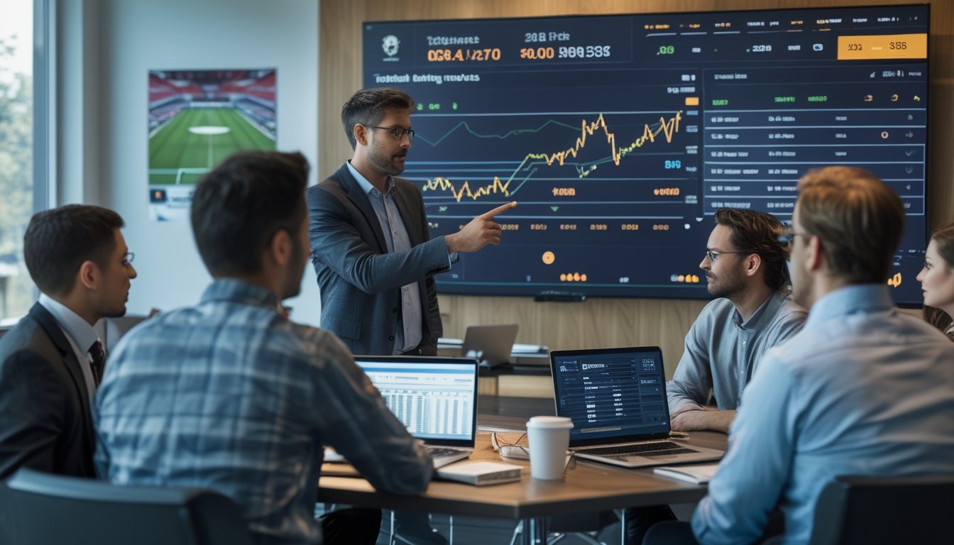 Sekelompok orang sedang berdiskusi dan menganalisis data taruhan sepak bola di ruang kantor modern.