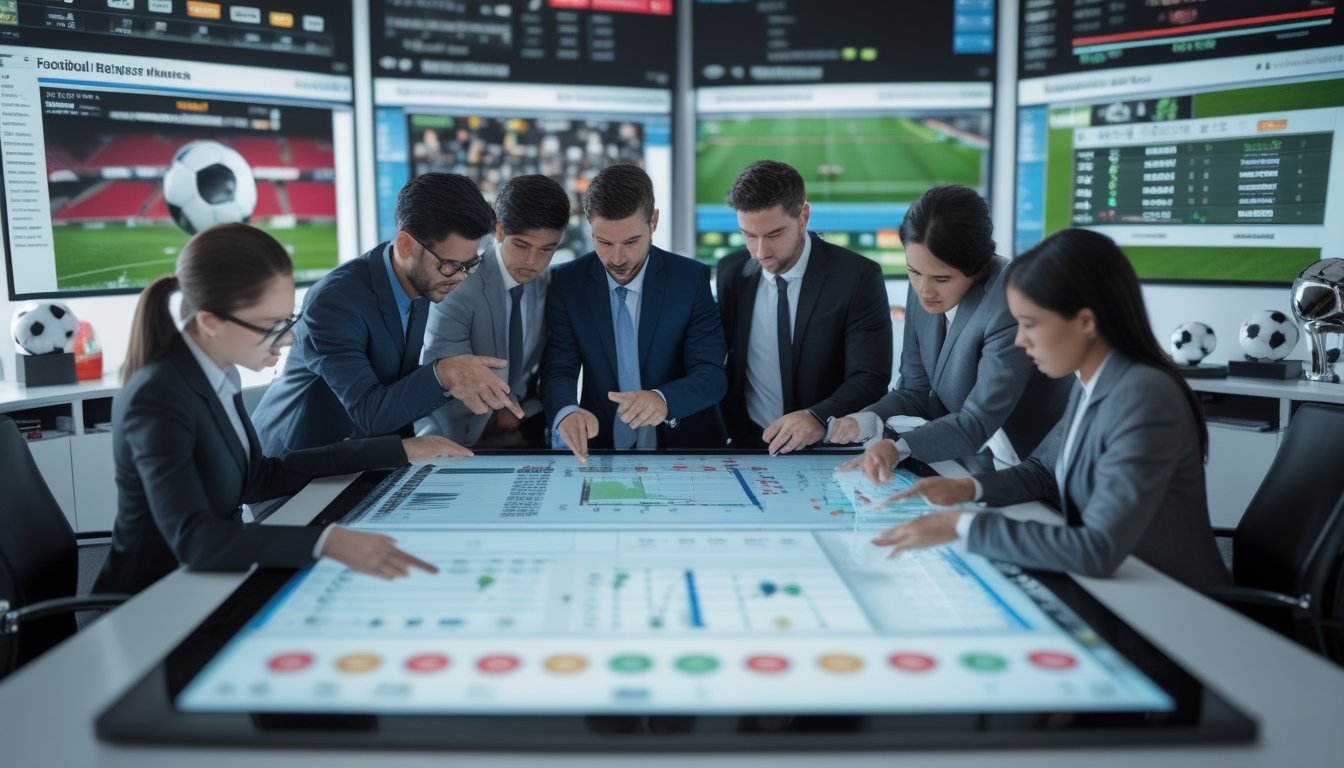 Sekelompok profesional sedang berdiskusi di sekitar meja digital dengan grafik dan statistik pasar taruhan sepak bola di layar besar di latar belakang.