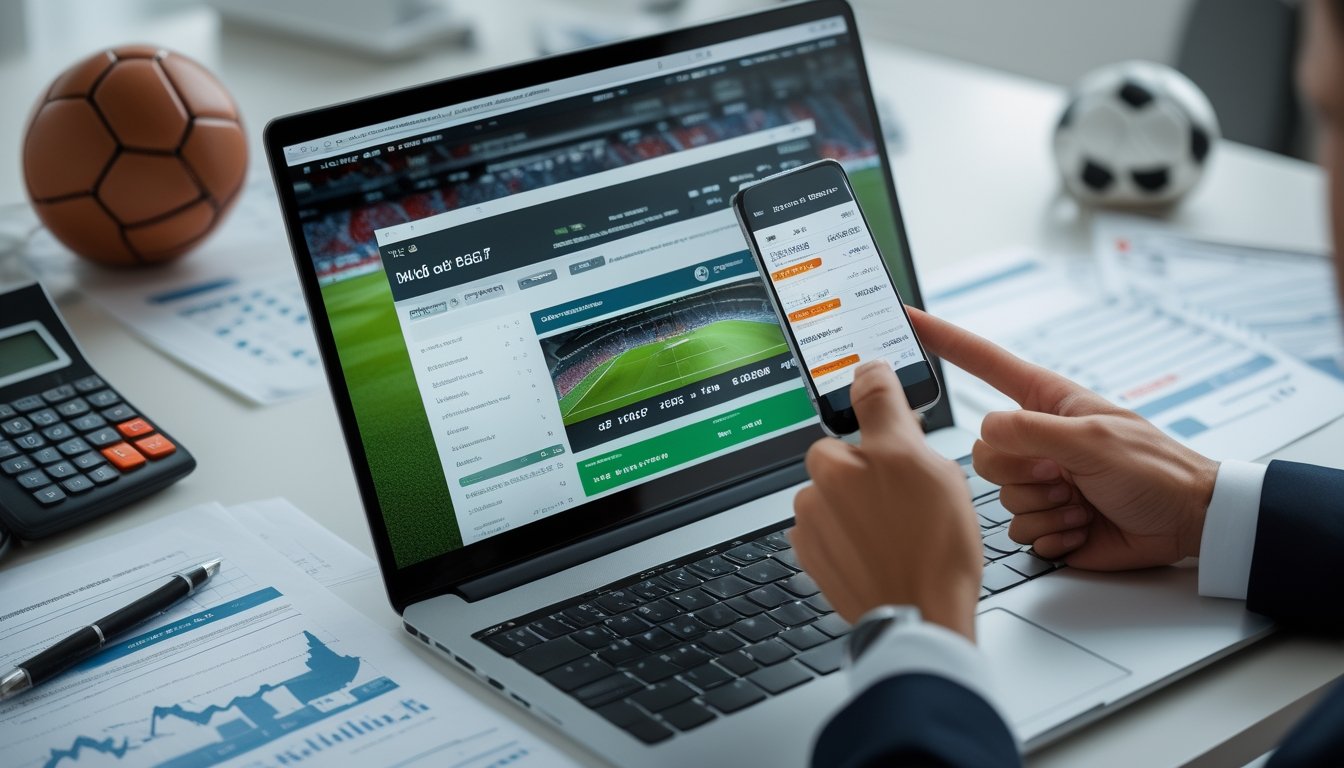 Seseorang menggunakan laptop dan ponsel dengan tampilan taruhan sepak bola dan dokumen keuangan di meja kerja.