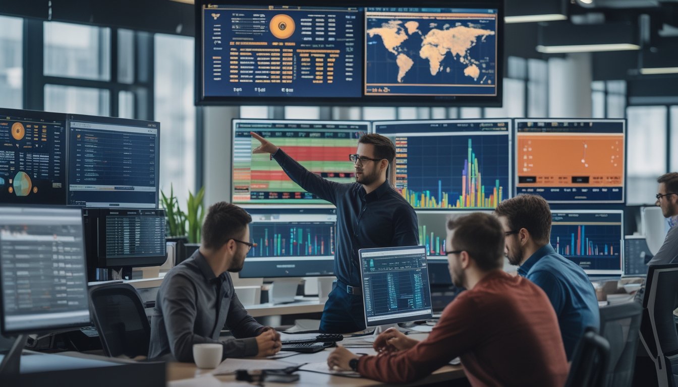 Sekelompok analis bekerja bersama di kantor dengan layar komputer yang menampilkan grafik dan data pertandingan sepak bola.