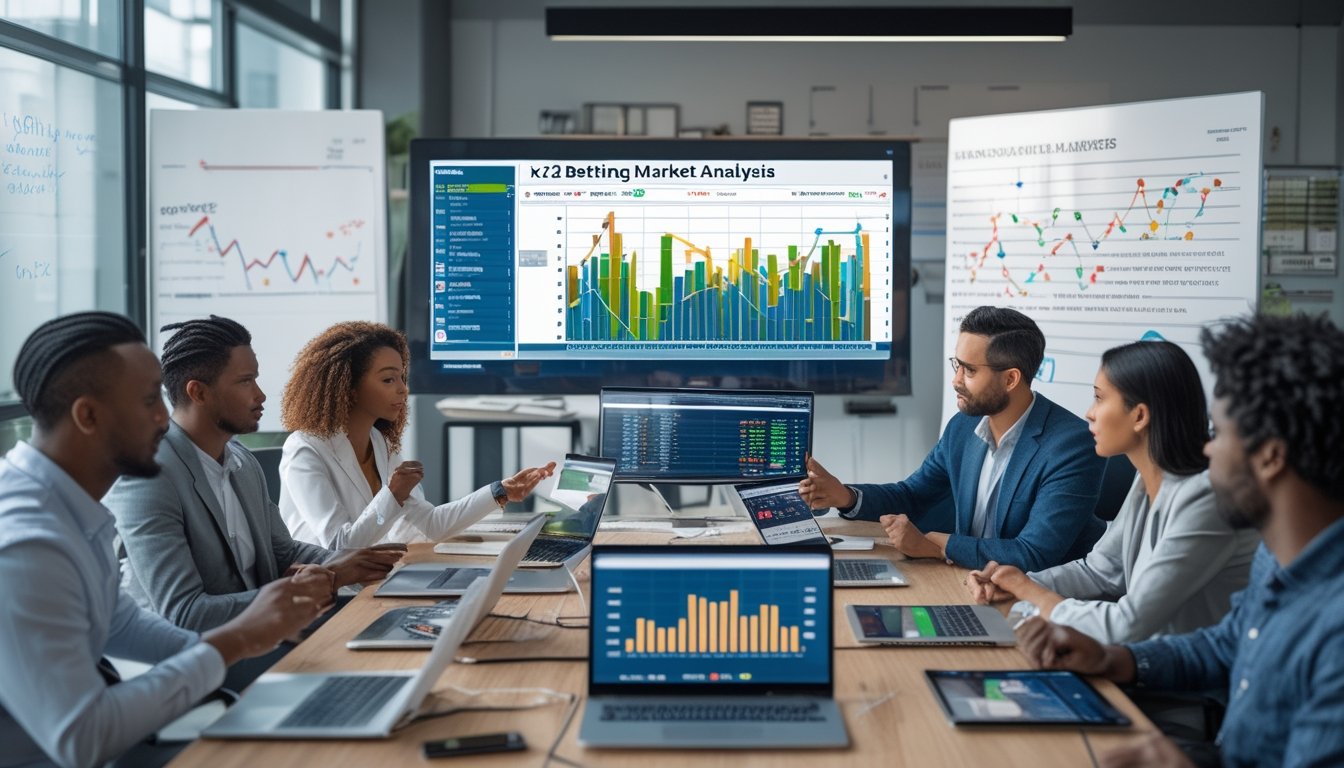 Sekelompok analis bekerja bersama di kantor dengan layar yang menampilkan grafik dan data statistik pertandingan olahraga.