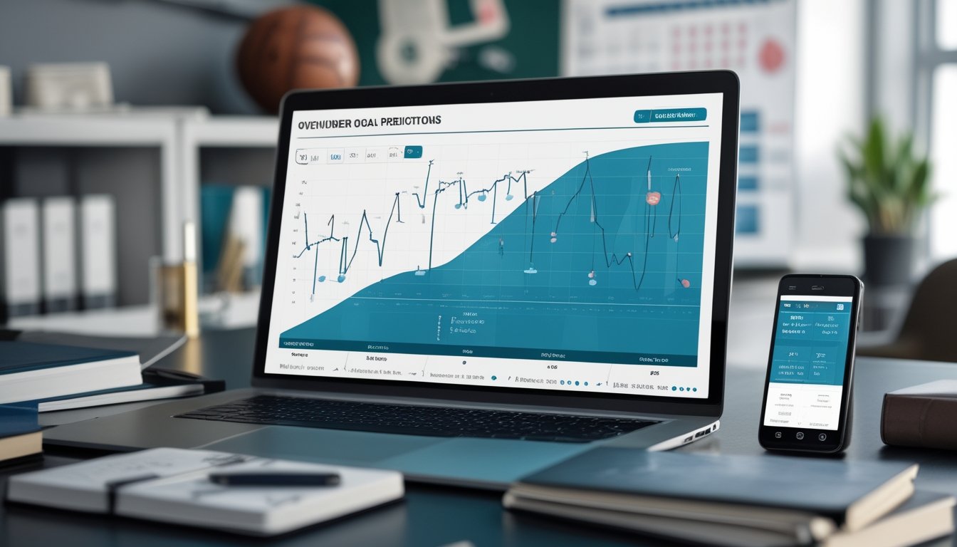Seorang profesional bekerja di meja dengan laptop yang menampilkan statistik sepak bola dan grafik prediksi gol, dikelilingi oleh alat tulis dan ponsel dengan skor pertandingan.
