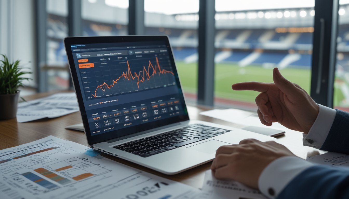 Seorang analis melihat layar laptop dengan grafik dan data prediksi gol sepak bola di sebuah meja kerja dengan latar belakang stadion sepak bola.