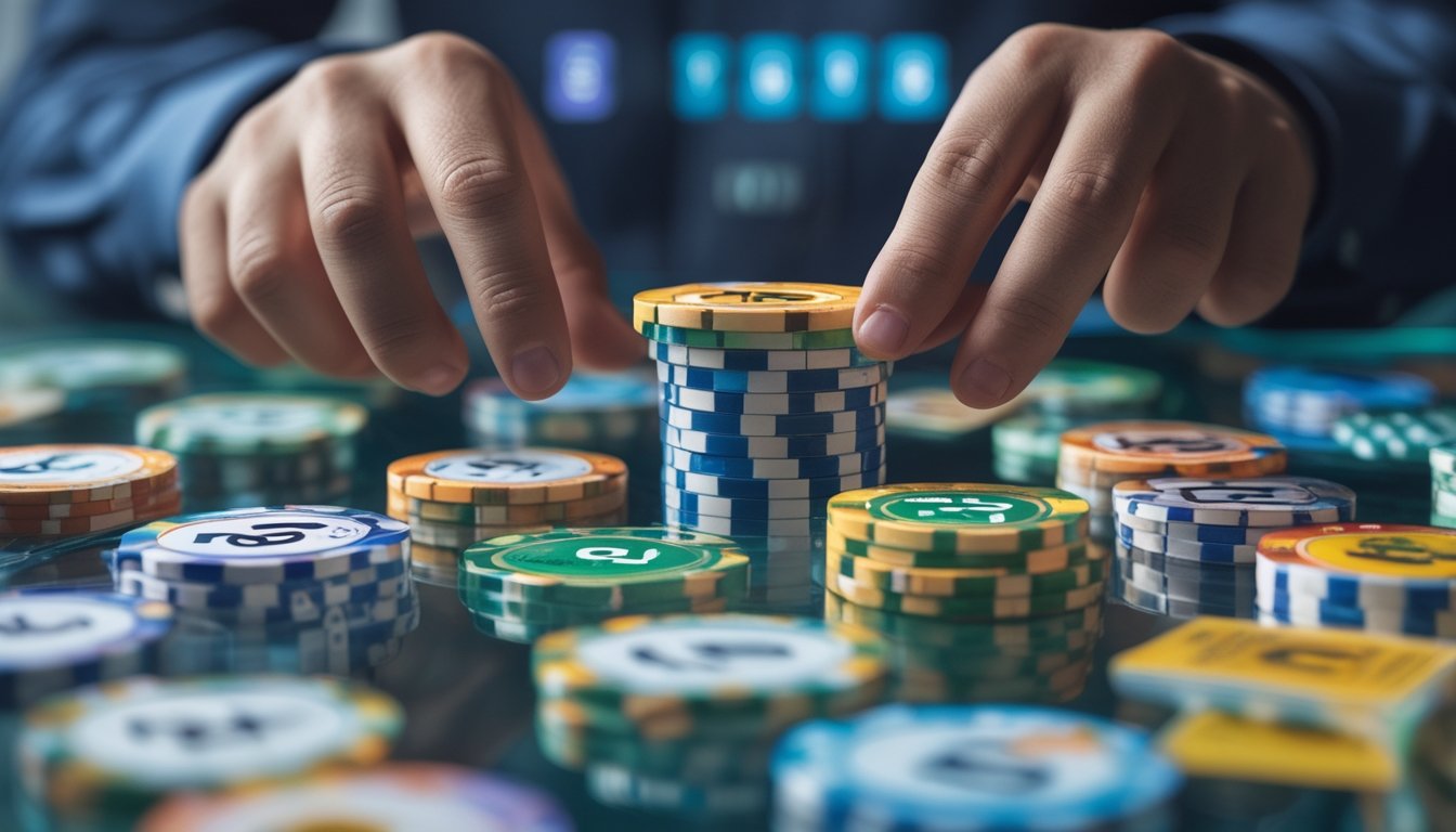 Tangan seseorang sedang meletakkan chip warna-warni pada meja kaca dengan tiket lotere dan layar digital di latar belakang.