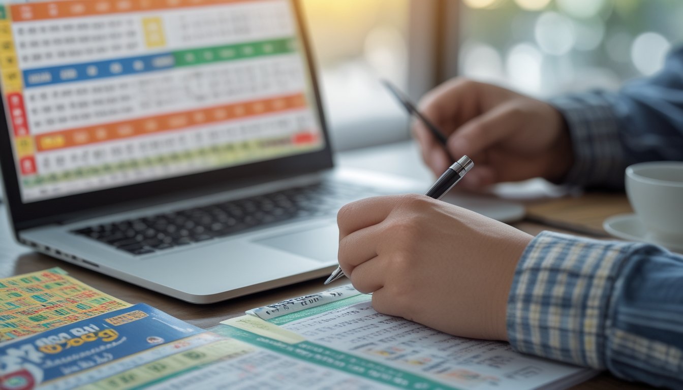 Seorang pria sedang menganalisis strategi taruhan Togel Colok Macau dengan laptop, tiket lotre, dan catatan di meja.