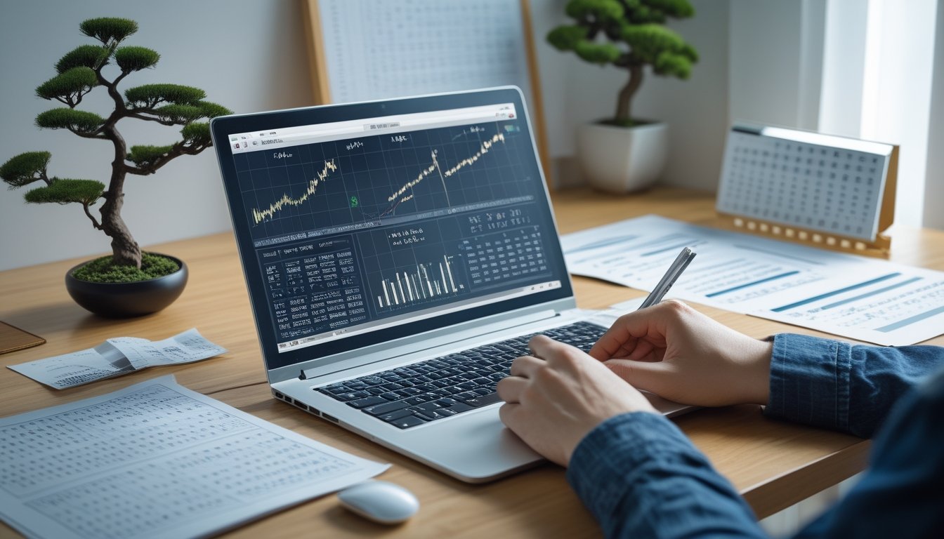 Seseorang sedang menganalisis data prediksi togel Jepang di meja kerja dengan laptop dan kertas berisi angka dan grafik.
