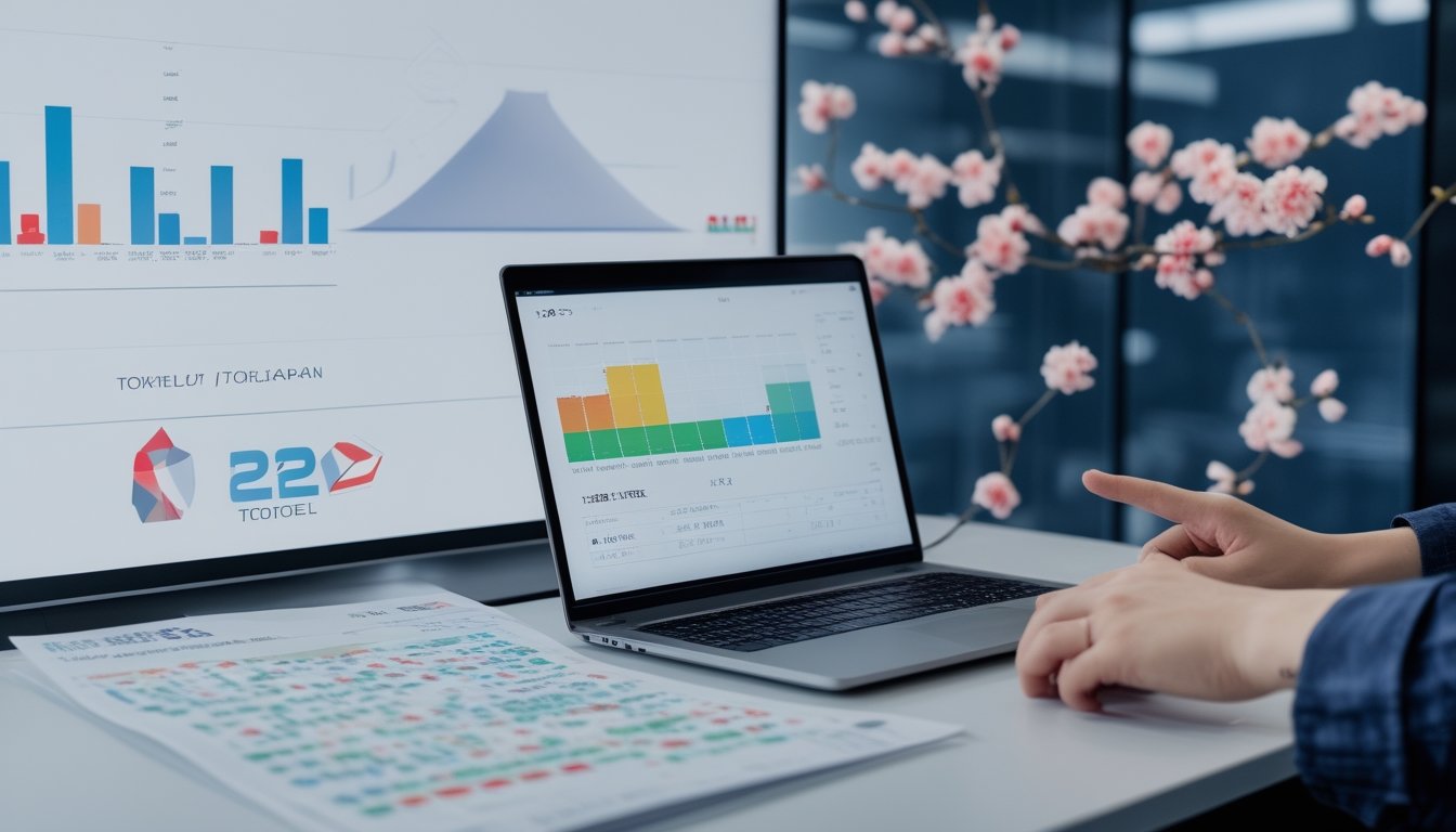 Suasana kantor modern dengan laptop dan layar digital menampilkan data dan grafik hasil undian togel Jepang, dengan tangan seseorang menunjuk ke layar.
