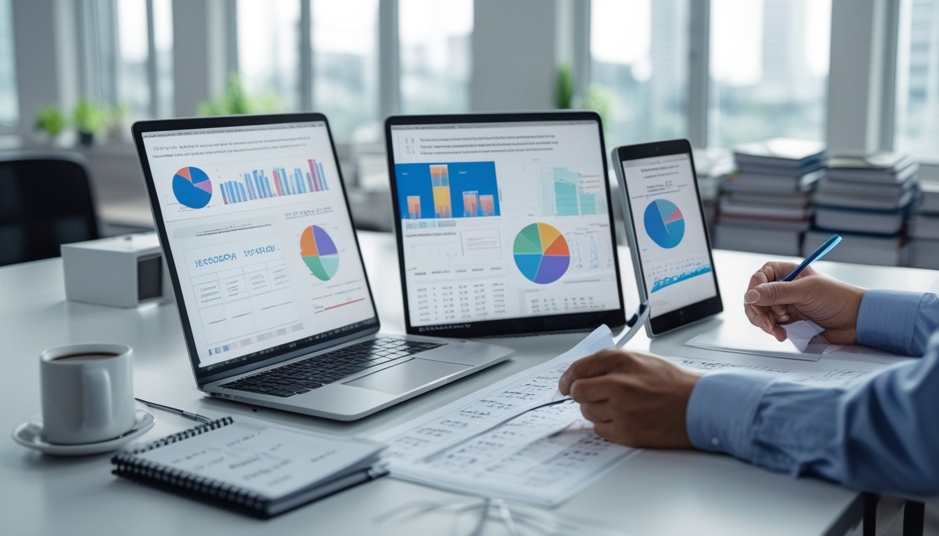 Seorang profesional sedang menganalisis data angka togel di meja kerja dengan laptop dan tablet di ruang kantor yang terang.