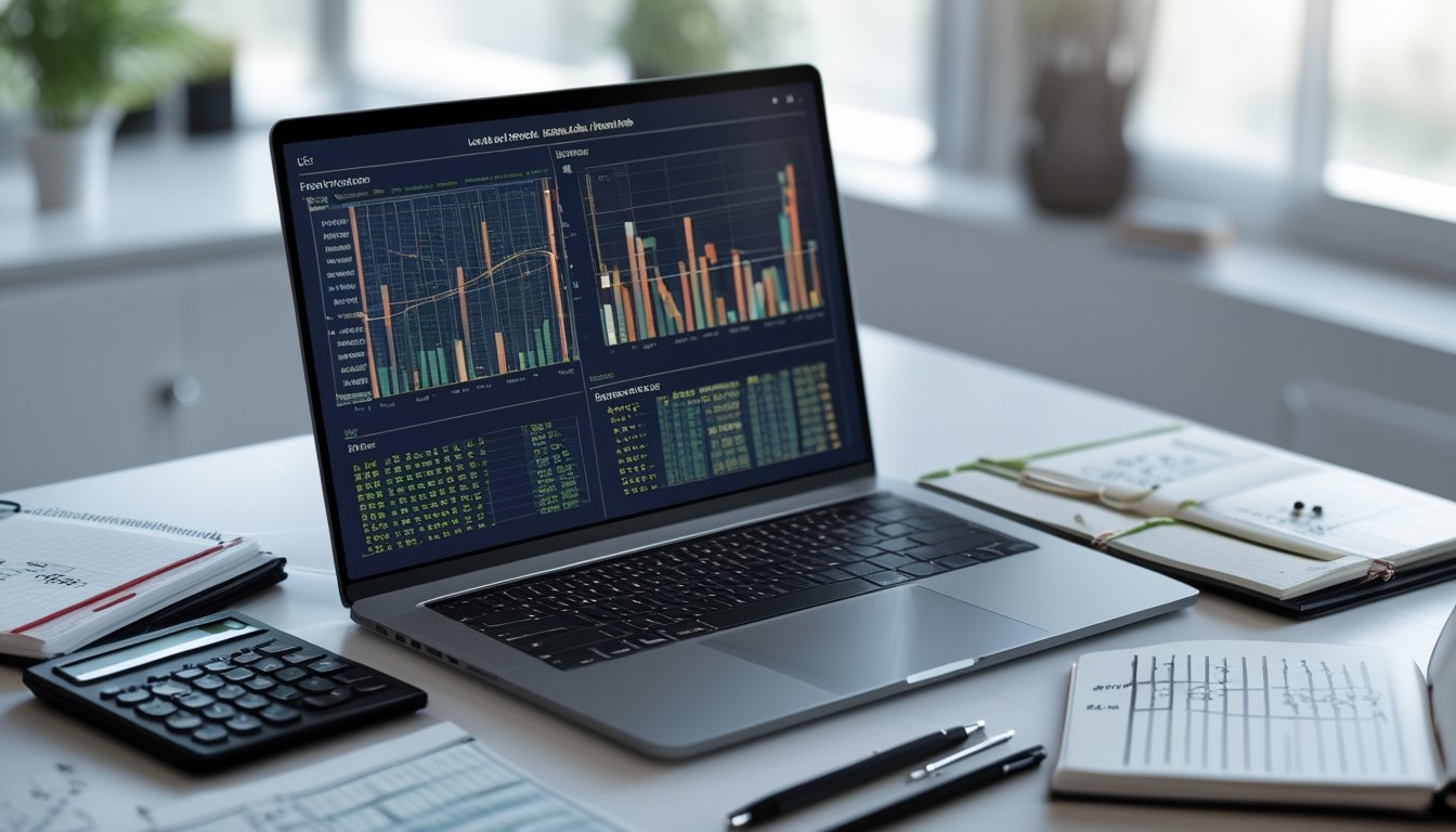 Seorang profesional sedang menganalisis data di laptop dengan grafik dan tabel di meja kerja yang rapi.