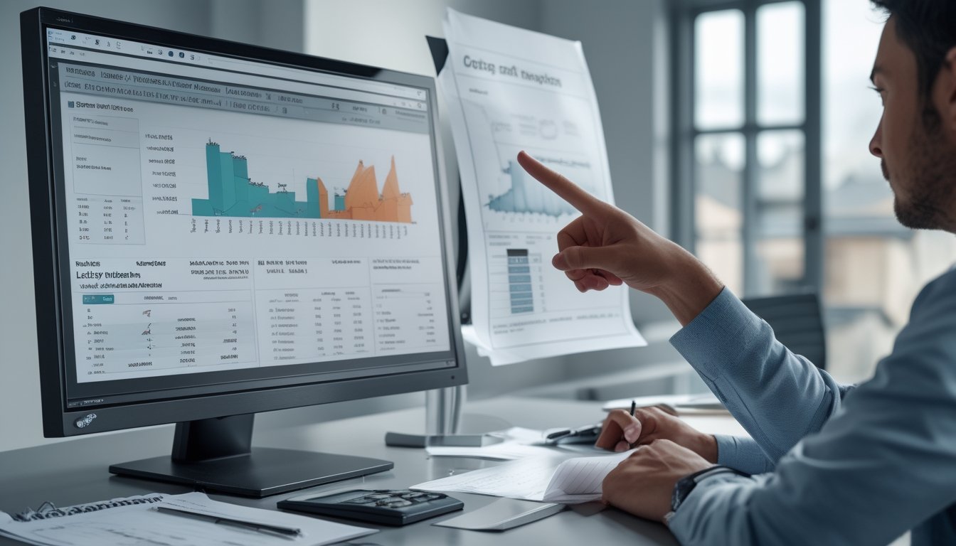 Meja kerja dengan komputer menampilkan grafik dan angka, serta alat tulis dan kalkulator, menunjukkan analisis statistik angka togel.