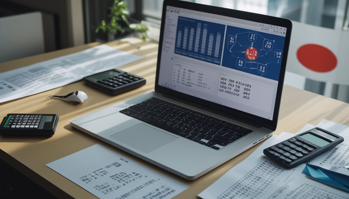Meja kerja dengan laptop yang menampilkan grafik statistik dan data angka, dilengkapi kalkulator dan kertas dengan angka, serta hiasan kecil bertema Jepang di latar belakang.