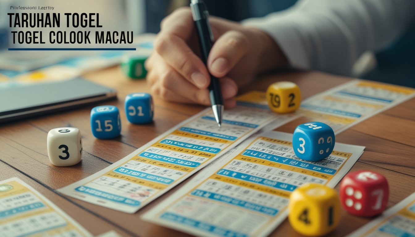Tangan memegang pena di atas meja kayu dengan tiket togel, dadu, dan bola nomor yang tertata rapi.