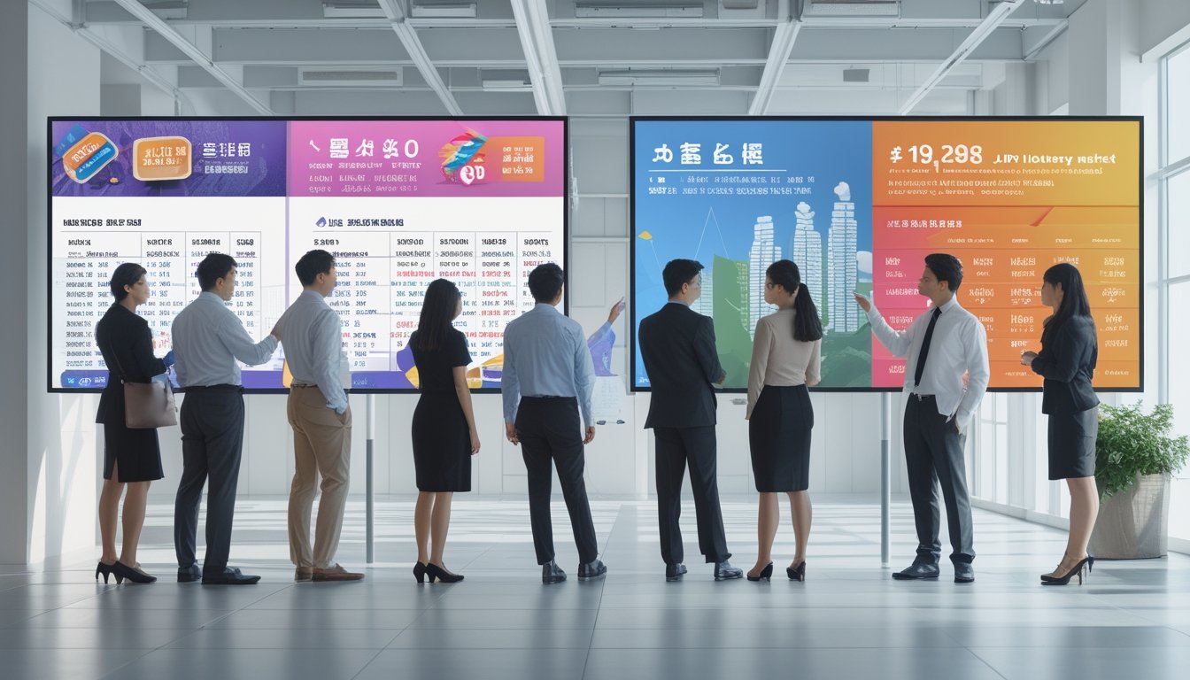 Sekelompok profesional sedang menganalisis data hasil pasar togel Colok Macau dan togel Jepang pada dua layar digital di kantor modern.