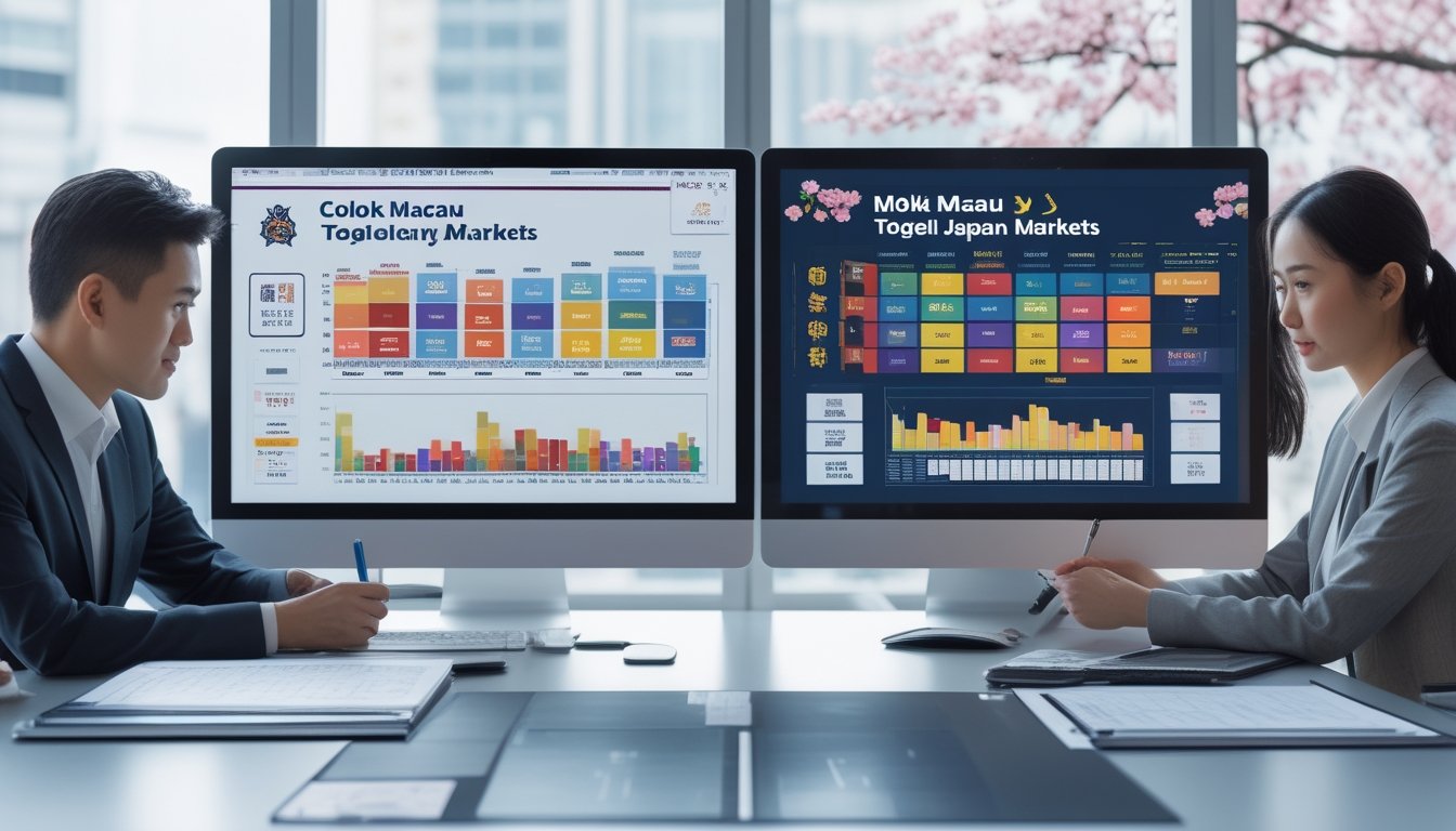 Sejumlah profesional sedang menganalisis data hasil pasar togel Colok Macau dan Togel Jepang di sebuah kantor modern dengan dua monitor menampilkan grafik dan diagram.