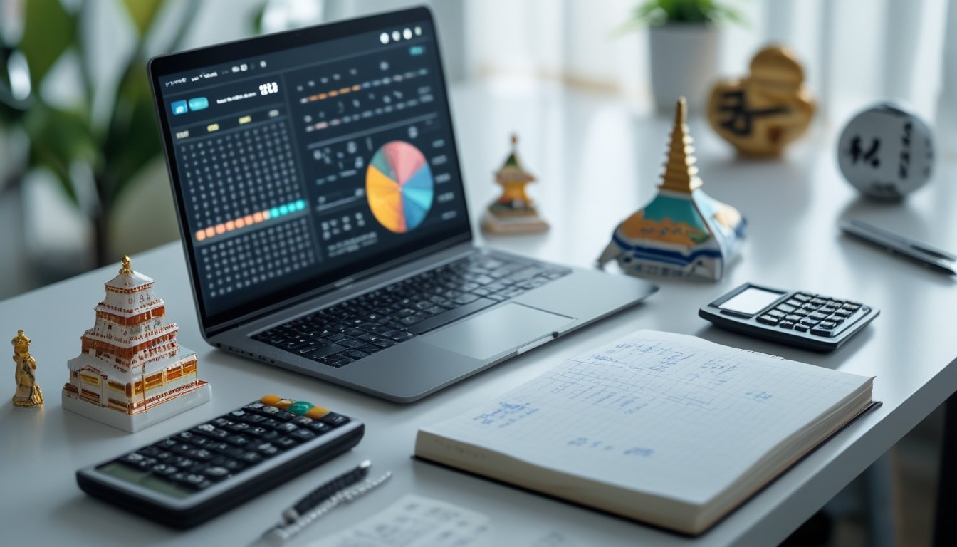 Meja kerja dengan laptop, buku catatan, dan kalkulator yang digunakan untuk analisis angka togel, dengan hiasan kecil bertema Macau dan Jepang di latar belakang.