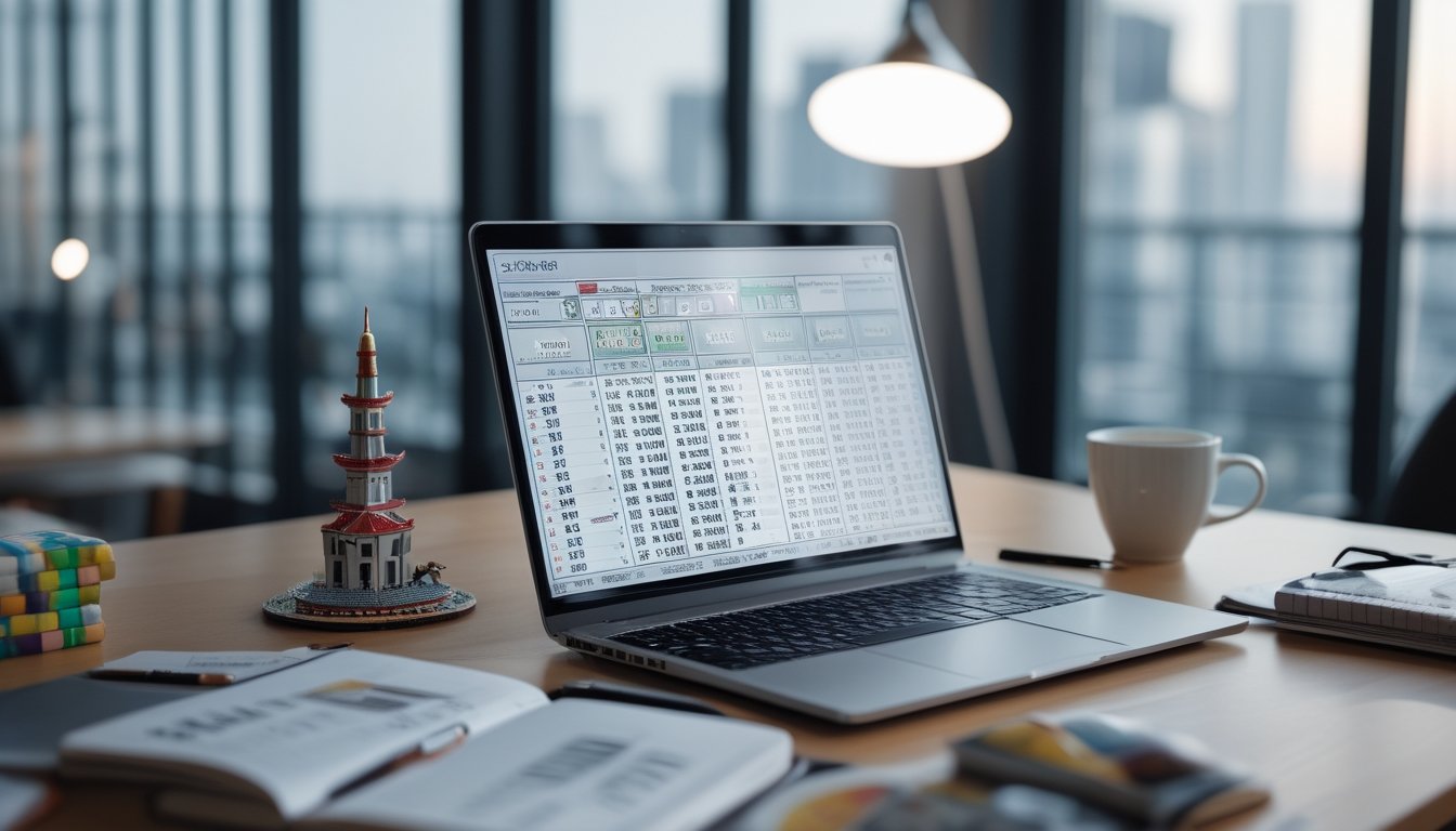 Meja kerja dengan laptop yang menampilkan grafik dan angka prediksi togel, dikelilingi buku catatan, alat tulis, dan cangkir kopi, dengan hiasan kecil bertema Macau dan Jepang di latar belakang.