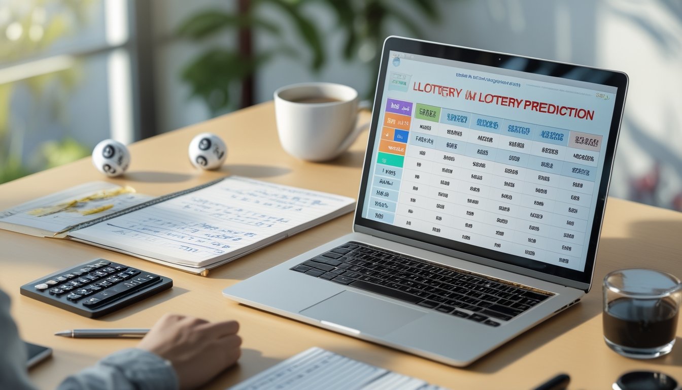 Meja kerja dengan laptop, buku catatan, dan bola lotere yang menunjukkan aktivitas prediksi togel.