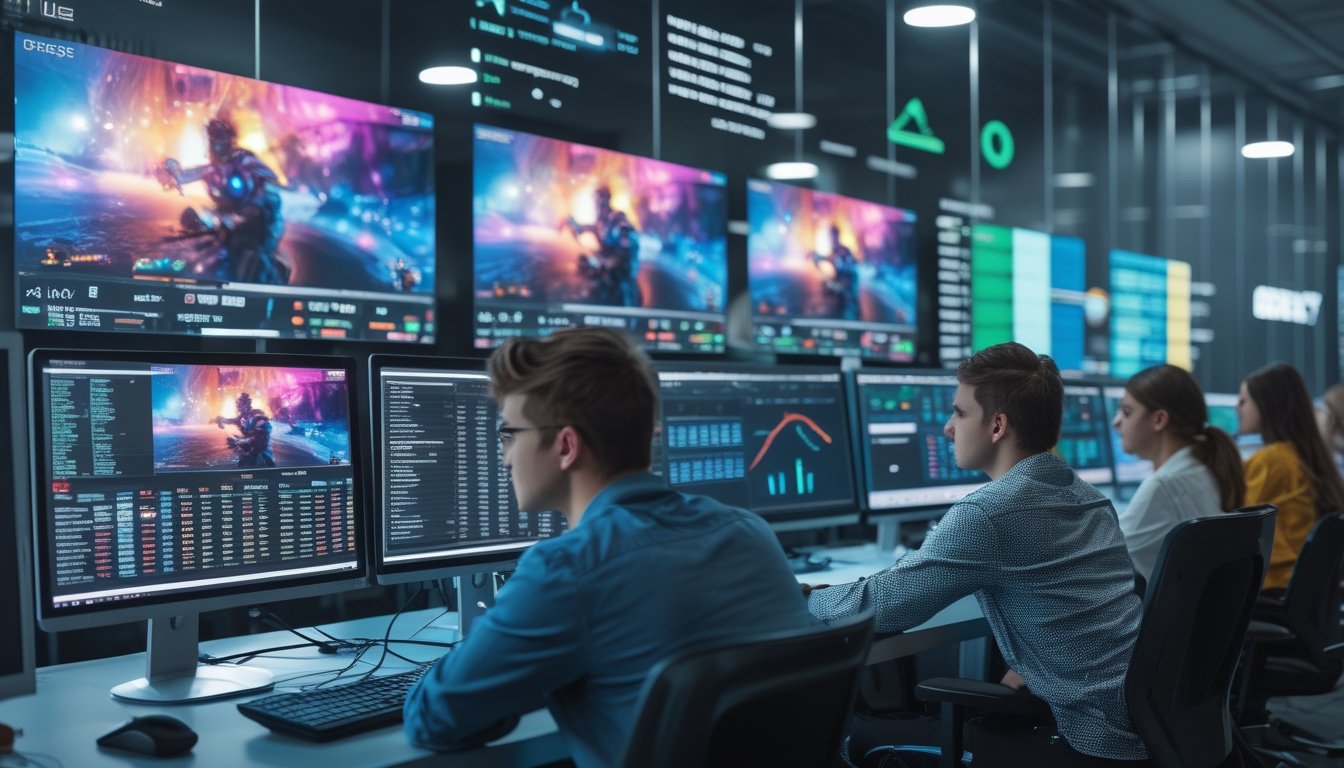 Sekelompok orang muda di kantor modern sedang melihat layar komputer yang menampilkan pertandingan esports dan data taruhan.