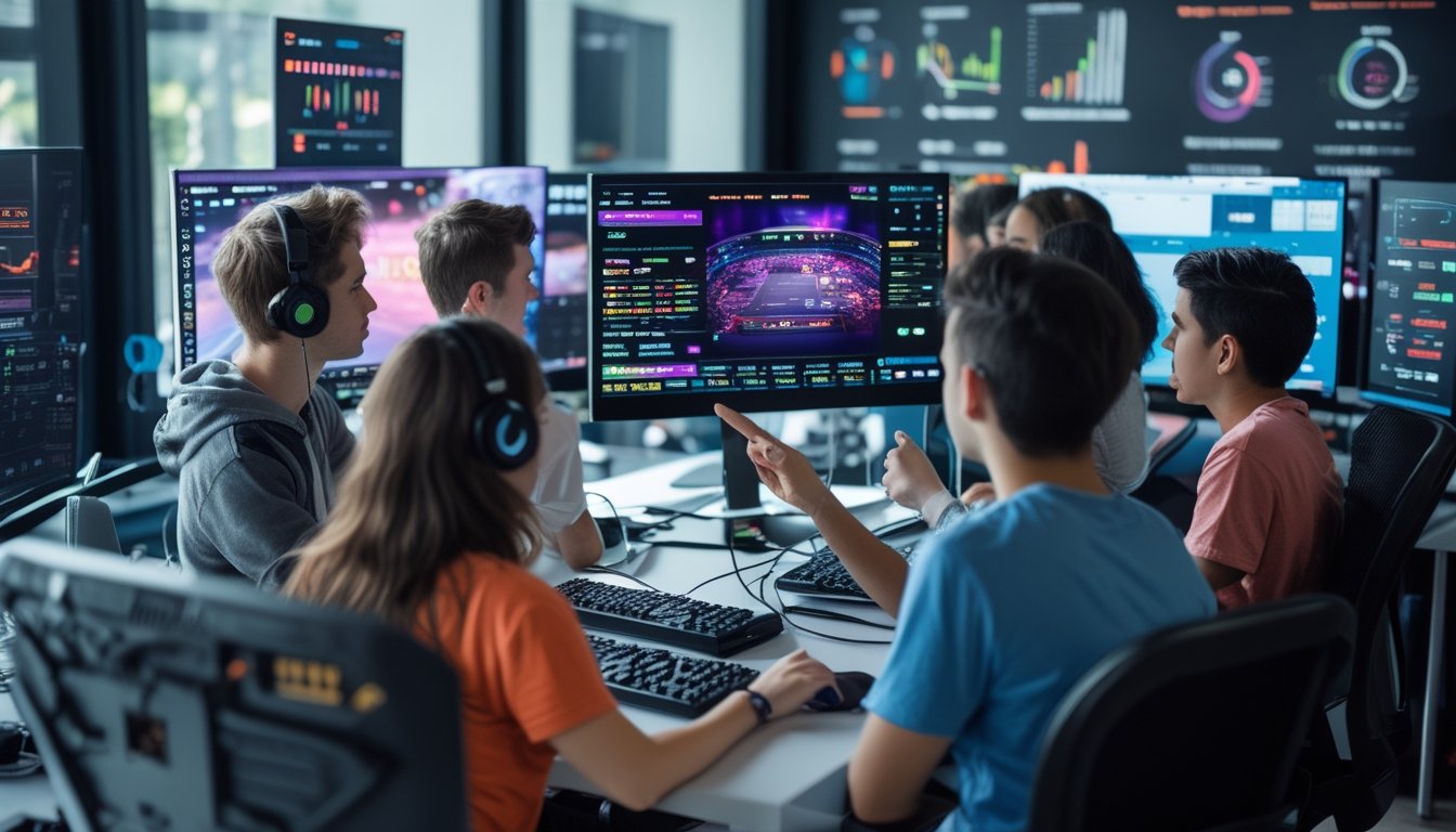 Sekelompok orang muda berkumpul di ruang gaming modern, melihat layar komputer dengan permainan esports dan data taruhan.