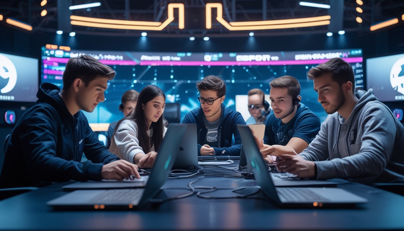 Sekelompok orang muda sedang fokus bermain dan berdiskusi tentang taruhan esports di depan beberapa laptop dan monitor besar.