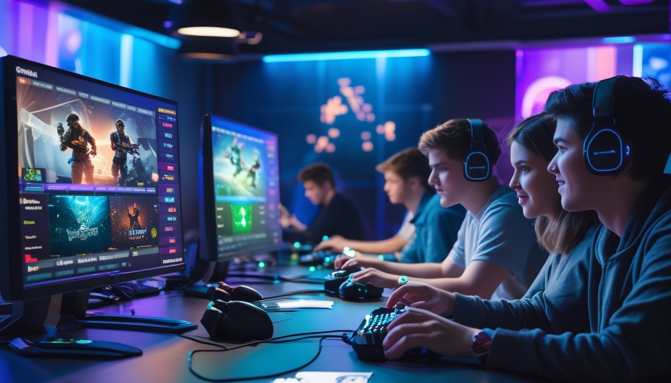 Sekelompok orang muda bermain game esports di ruang modern dengan beberapa layar dan elemen yang menunjukkan aktivitas taruhan digital.