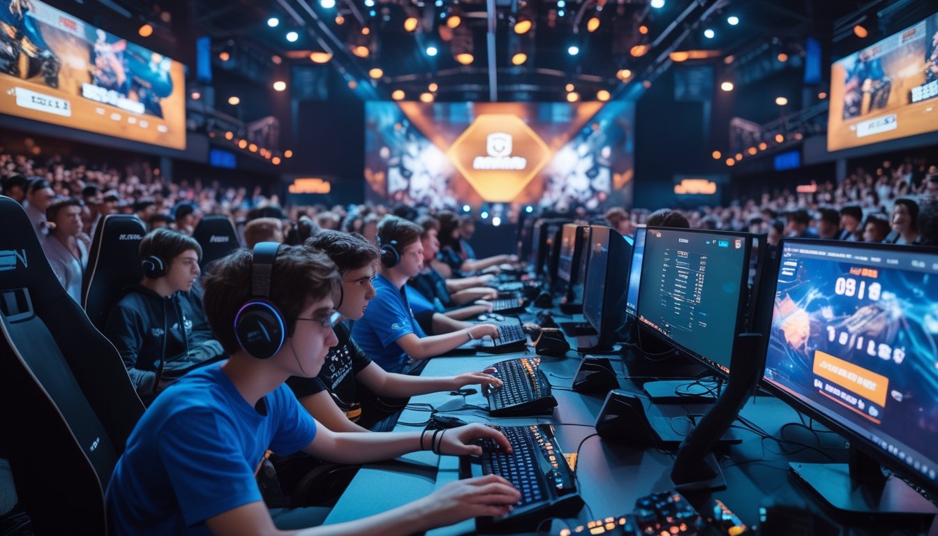 Arena esports dengan pemain yang fokus bermain game dan penonton yang antusias, menampilkan suasana kompetisi dan taruhan dalam ekosistem game.