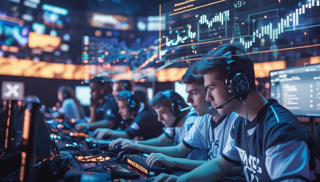 Sejumlah orang muda bermain game di arena esports dengan layar besar menampilkan grafik dan statistik terkait taruhan esports.