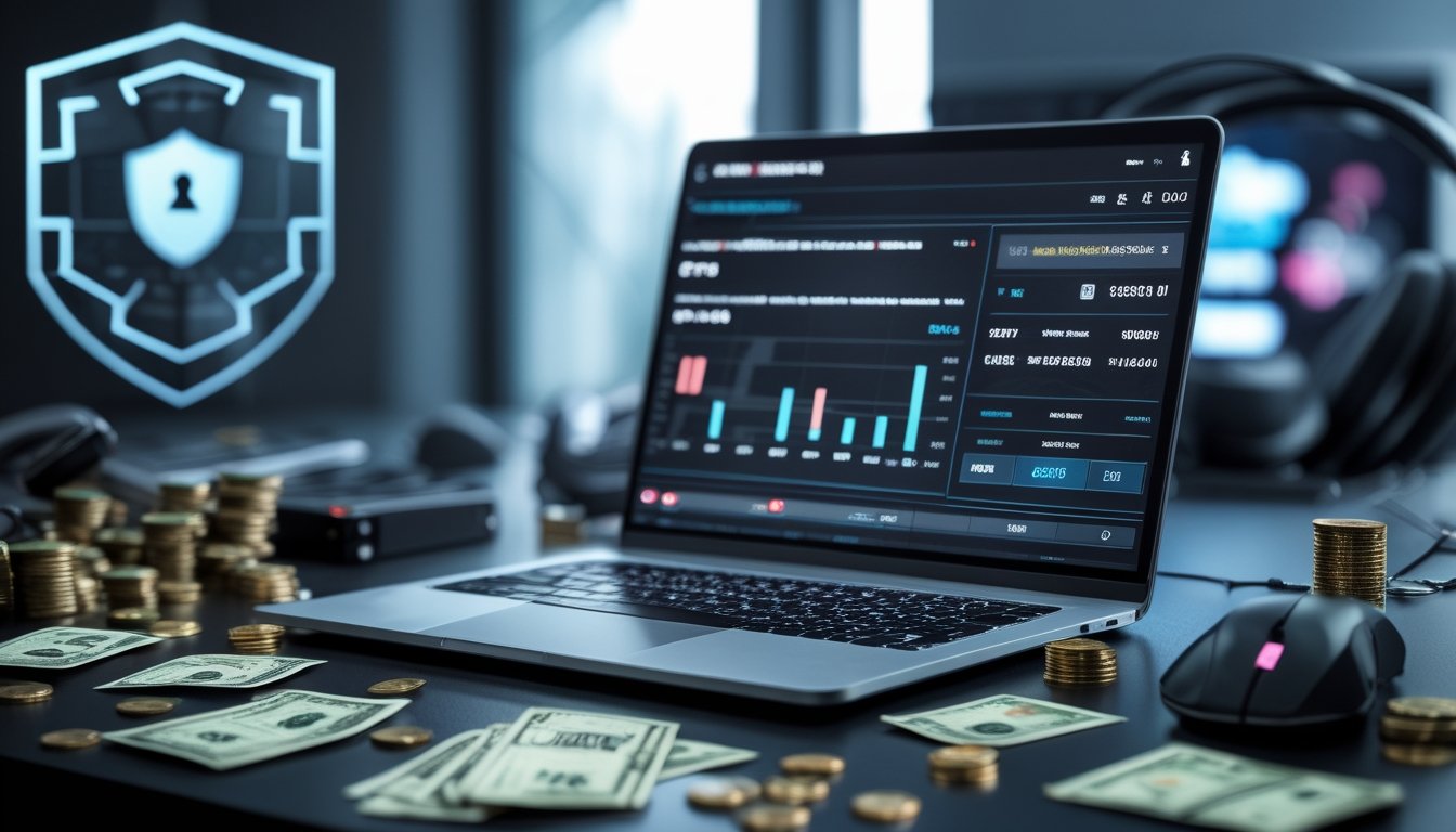 Seorang pria duduk di depan laptop dengan tampilan grafik taruhan esports, dikelilingi oleh uang dan kartu kredit, dengan ikon perisai digital di latar belakang yang menunjukkan keamanan.