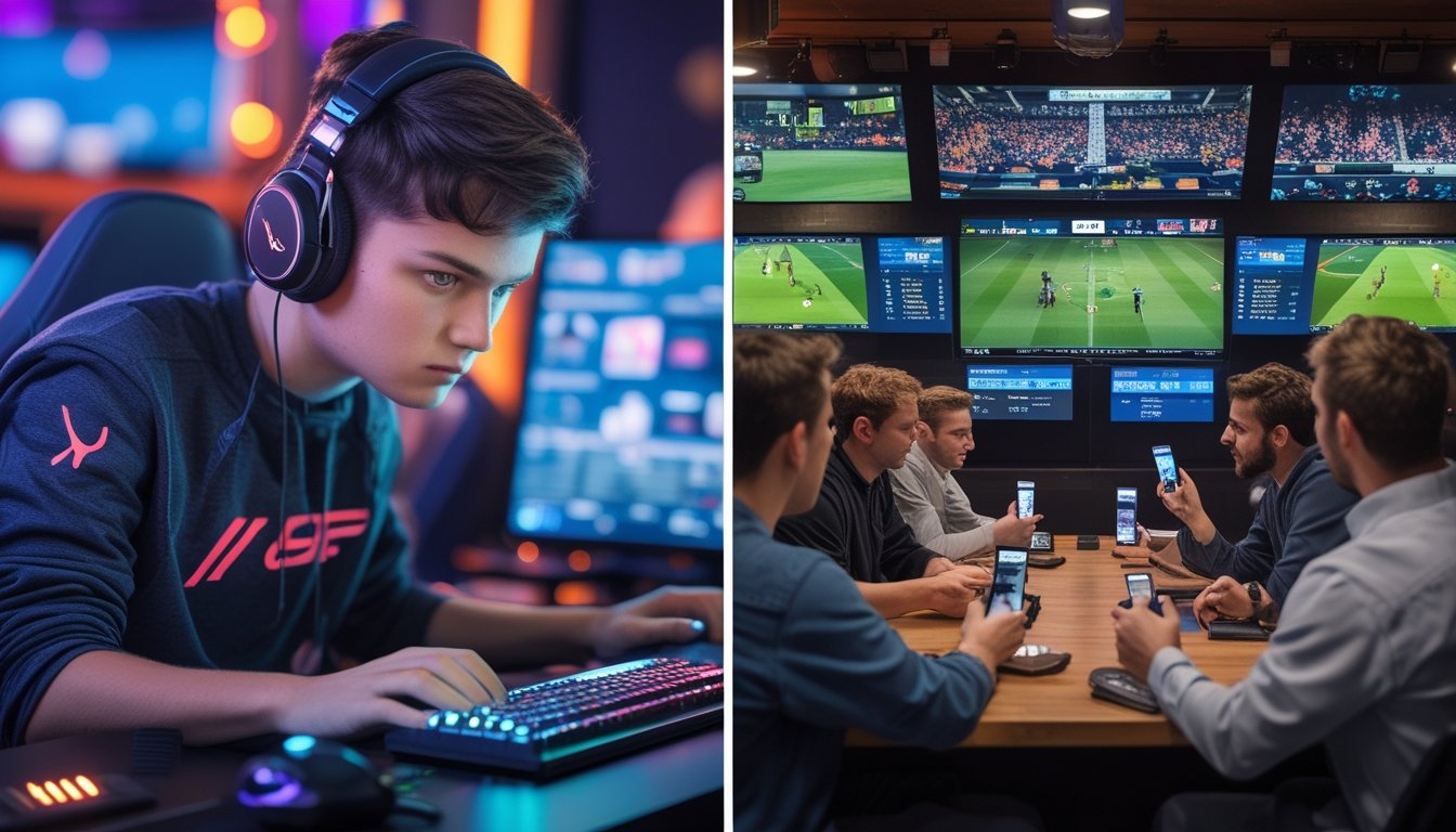 Sebuah gambar yang menunjukkan perbedaan antara taruhan esports dengan seseorang bermain game di komputer dan taruhan olahraga tradisional dengan orang-orang menonton pertandingan sepak bola di bar olahraga.