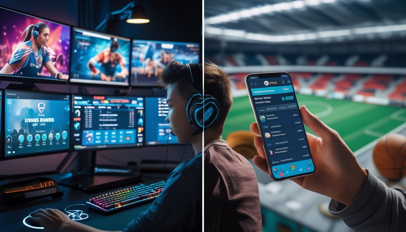 Seseorang bermain game esports di depan komputer dengan layar berwarna-warni, di sebelahnya orang lain memegang ponsel yang menampilkan taruhan olahraga dengan latar belakang stadion olahraga.
