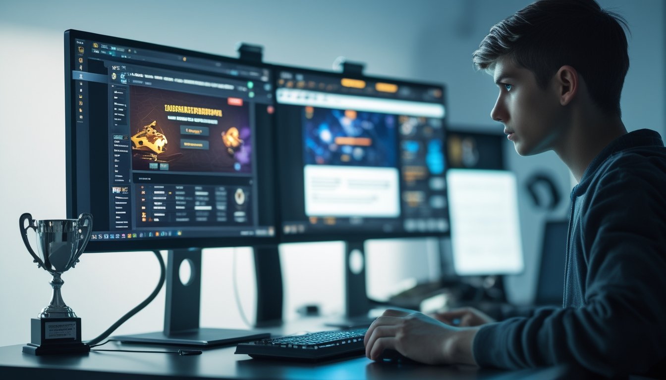 Seorang pria muda duduk di depan beberapa layar komputer yang menampilkan permainan esports dan situs taruhan, dengan suasana serius dan fokus.