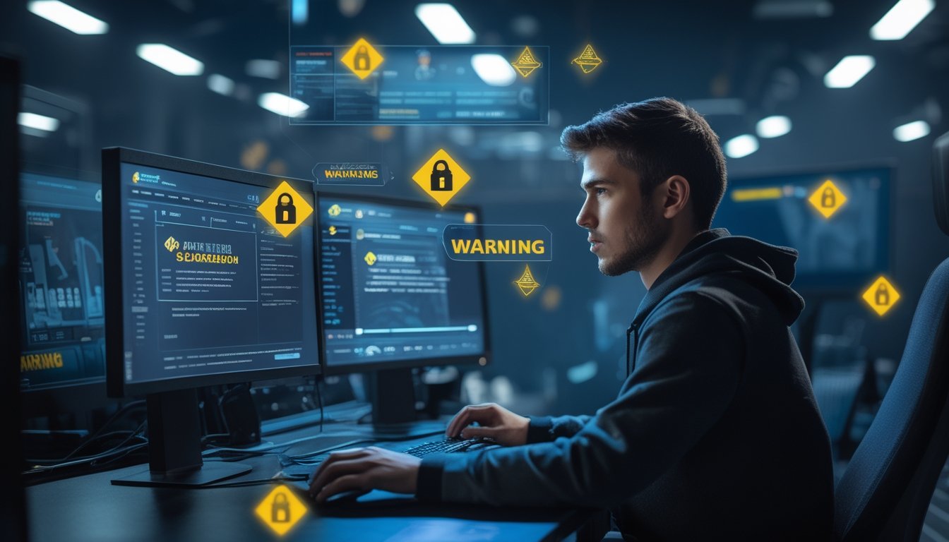 Seorang pria muda serius duduk di depan beberapa monitor komputer yang menampilkan permainan esports dan simbol peringatan, menunjukkan suasana waspada terhadap bahaya situs betting ilegal.