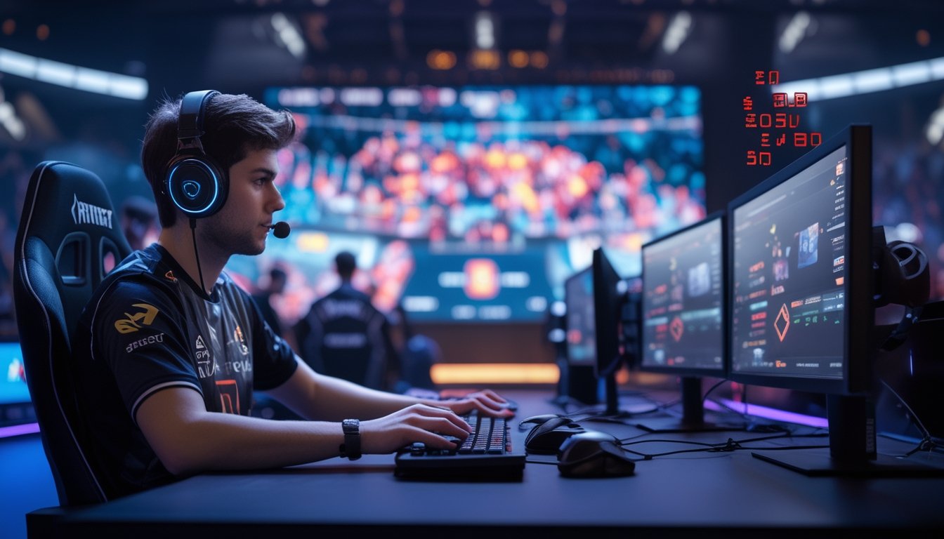 Seorang pemain esports profesional sedang bermain di komputer di arena turnamen dengan layar besar dan penonton di belakangnya.