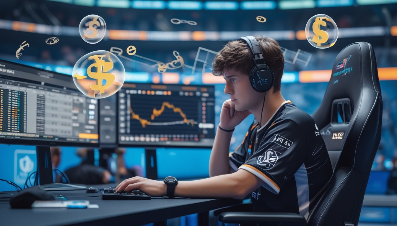 Seorang pemain esports profesional duduk di depan monitor dengan tampilan pertandingan dan grafik taruhan, di latar belakang papan skor turnamen dan suasana arena esports.